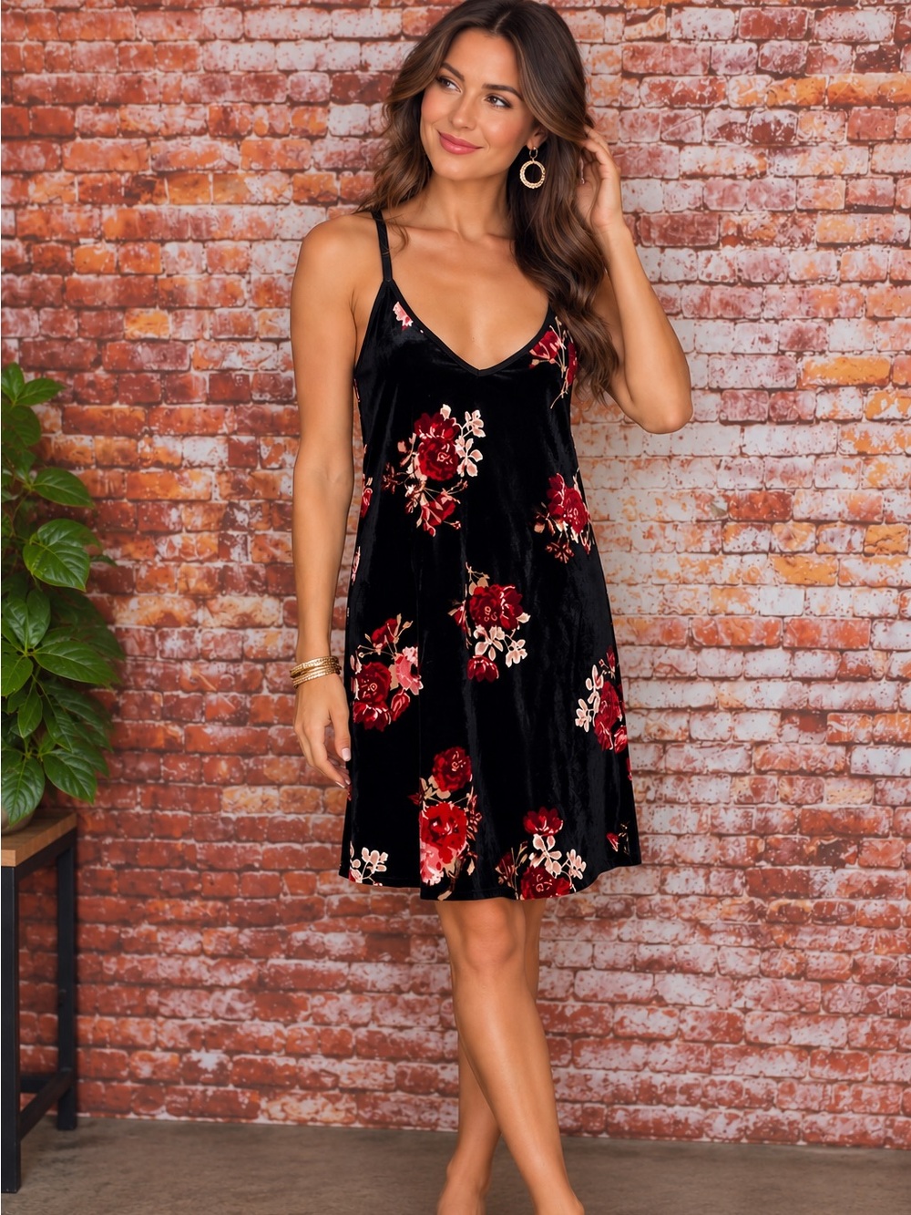 APT 9 Black and Red Velvet Floral Camisole Chemise Nightgown